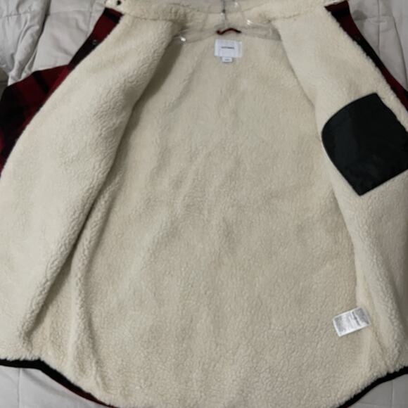 Old Navy Chore Shirt Jacket Men Size Med Red Plaid Shacket Flannel Sherpa Lined - Picture 3 of 8